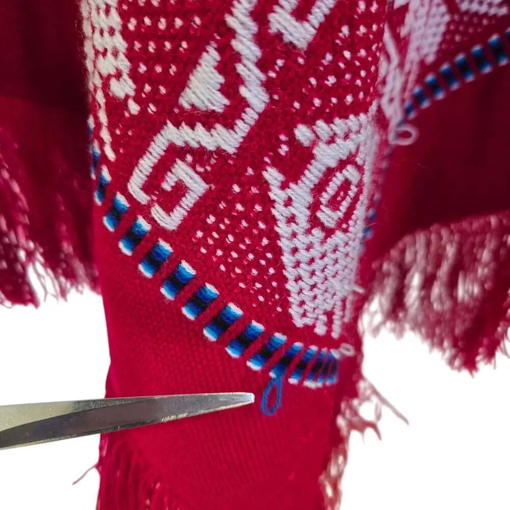 Handmade Otavalo Red Wool Poncho/Cape Made in Ecuador One Size Tribal Boho